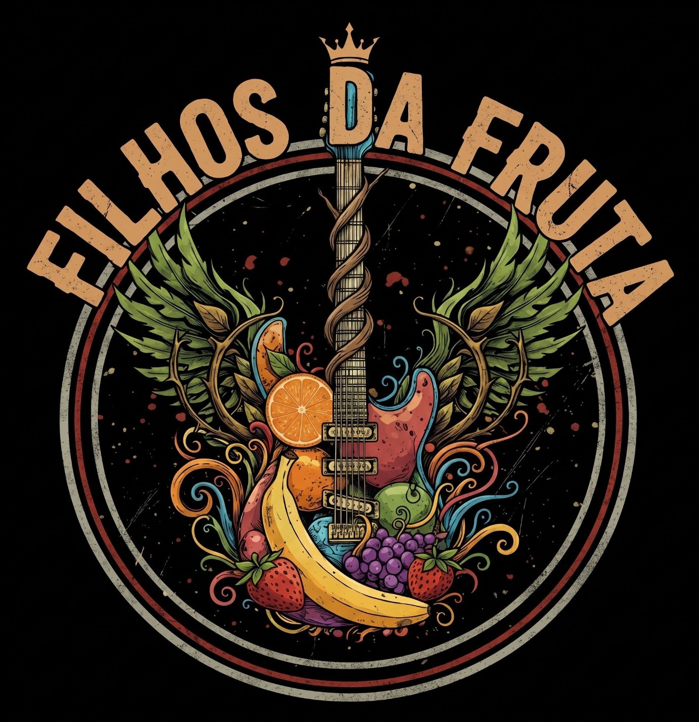 logo filhos da fruta - guitarra com frutas ao redor